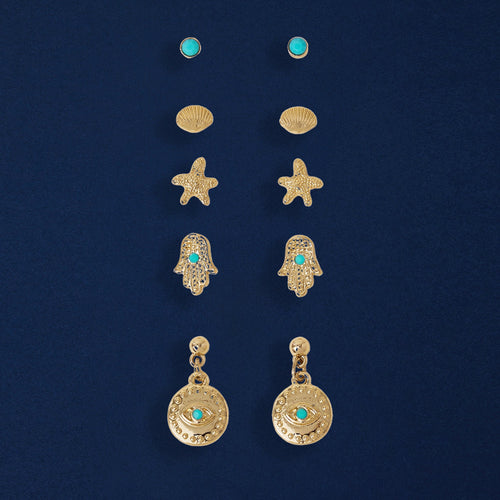 Gold Starfish Stud Earrings Pack Of 5