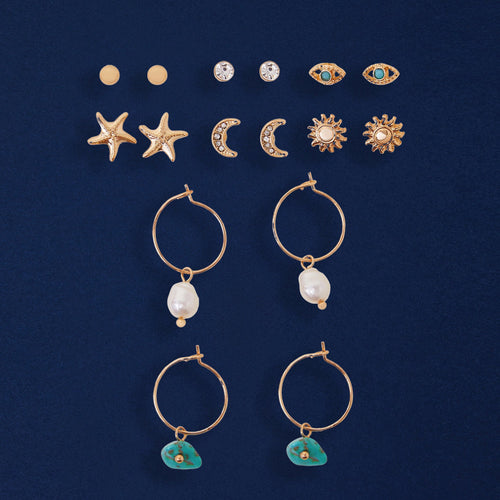 Gold Summer Stud And Hoop Earrings Pack Of 8