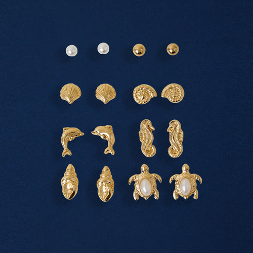 Gold Under The Sea Stud Earrings Pack Of 8