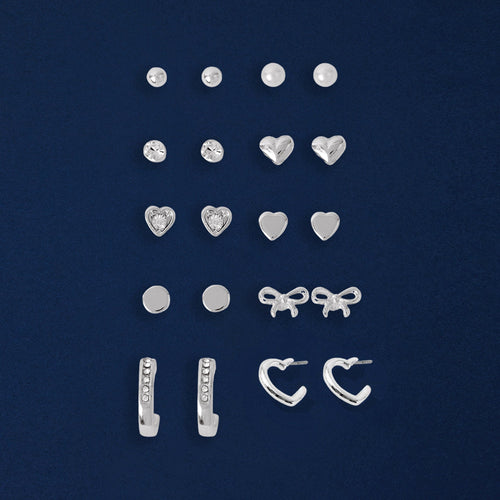 Silver Bow Stud And Hoop Earrings Pack Of 10