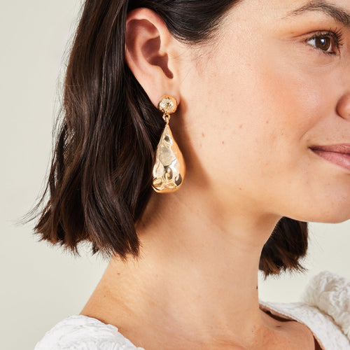 Gold Large Hammered Teardrop Earrings