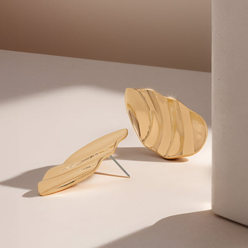 Gold Ripple Teardrop Stud Earrings