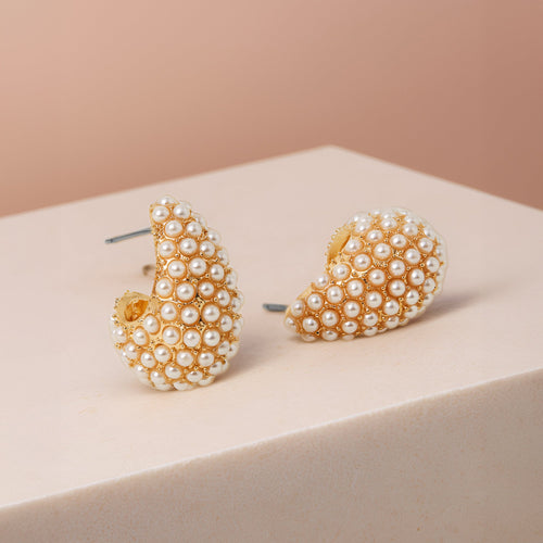 Gold Pearly Curve Teardrop Hoop Earrings