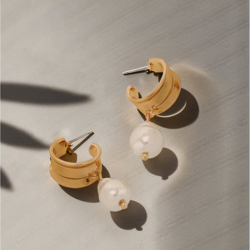 Chunky Hoop Pearl Gold Drop Earrings