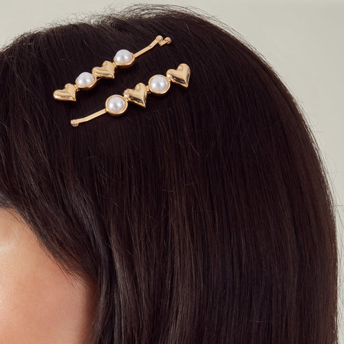 Gold Heart Pearl Hair Slides Set Of 2