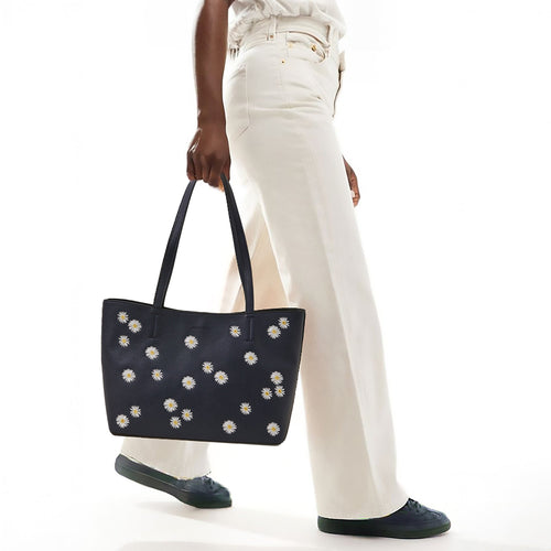 Navy Blue Daisy Faux Leather Tote Bag