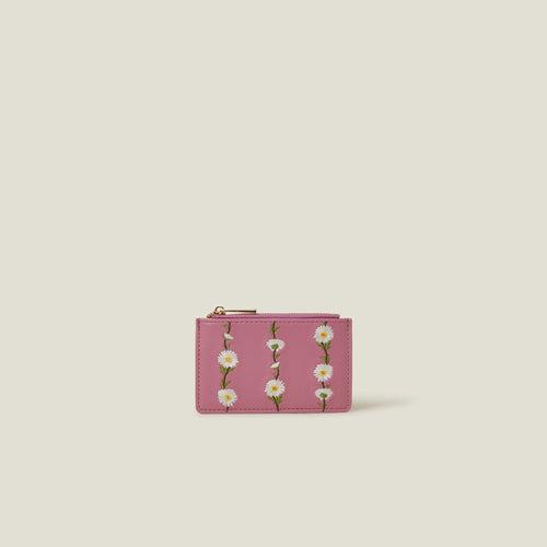 Pink Embroidered Daisy Card Holder