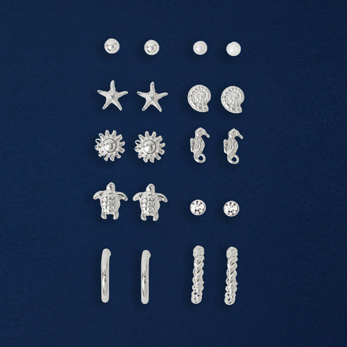 Silver Under The Sea Stud And Hoop Earrings Pack Of 10