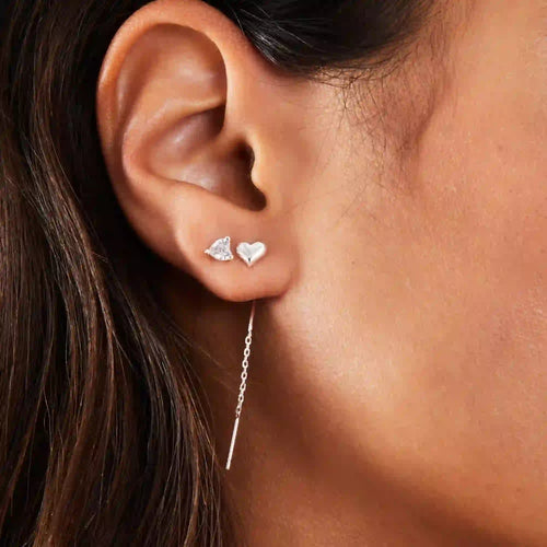 Sterling Silver-Plated Diamante Chain Heart Stud Earrings Pack Of 2