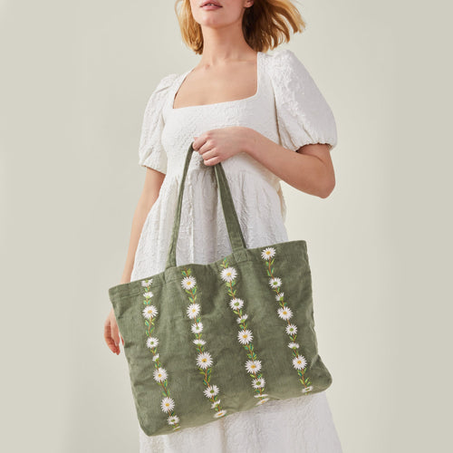 Green Daisy Embroidered Corduroy Shopper Bag