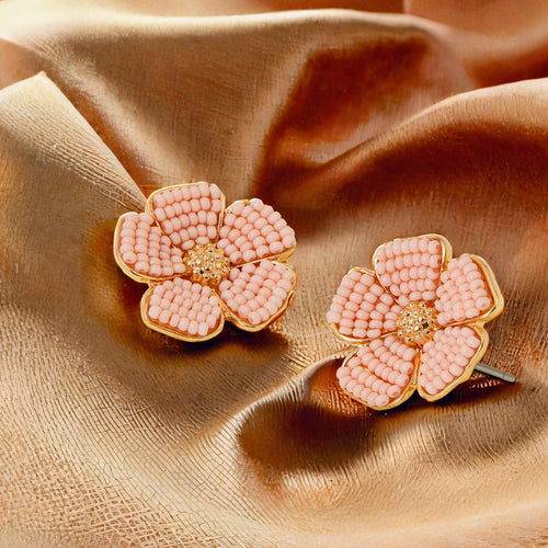 Pink Flower Stud Gold Earrings