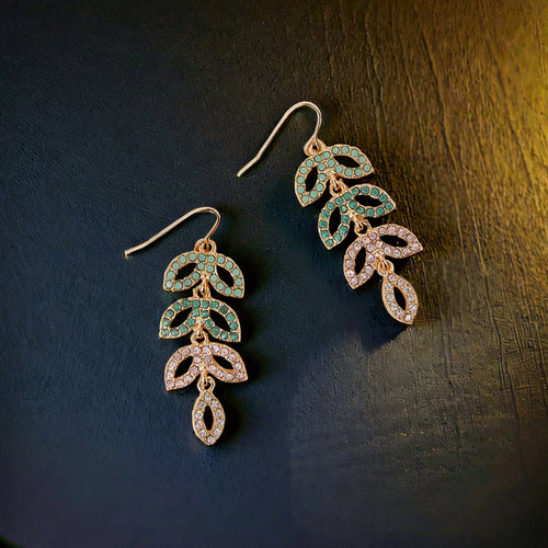 Pave Vine Leaf Drop Gold Earrings