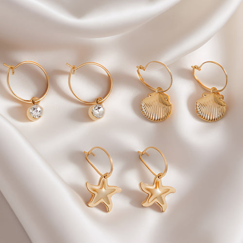 Gold Shell Gem Hoop Earrings Pack of 3