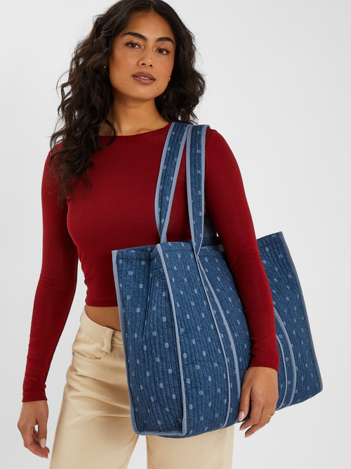 Polka Dot Denim Shopper Bag