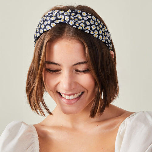 Navy Blue Daisy Print Twist Headband
