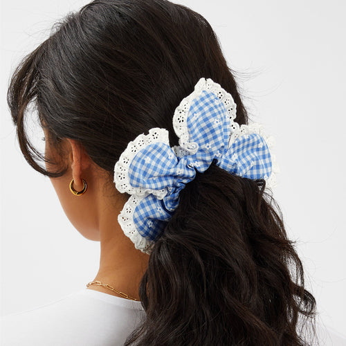 Blue Broderie Gingham Flower Hair Scrunchie