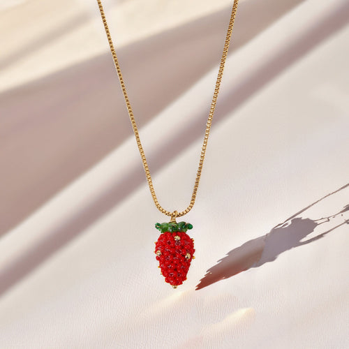 Red Strawberry Beaded Pendant Necklace