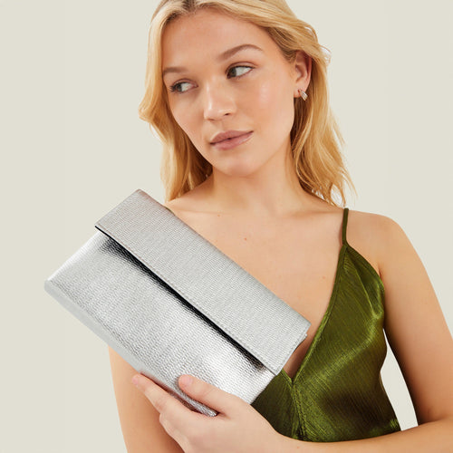 Silver Metallic Fold-Over Clutch Bag Silver