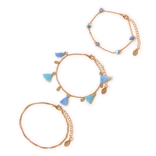 Blue Bead Tassel Chain Anklets Pack Of 3
