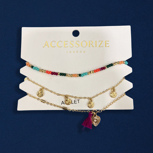Mix Bead Tassel Anklets Pack Of 3