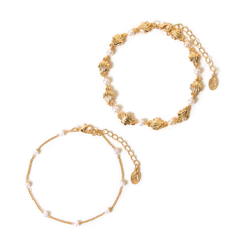 Gold Shell Pearl Chain Anklets Pack Of 3