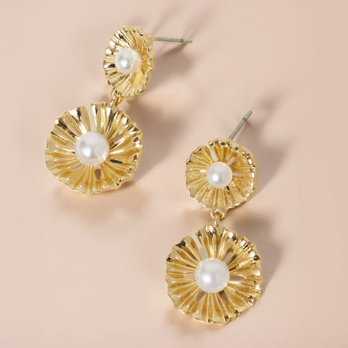 Gold Pearl Flower Drop Earrings