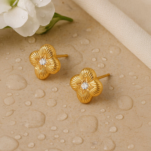 14k Gold-Plated Waterproof Stainless Steel Diamante Clover Stud Earrings