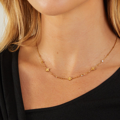 14k Gold-Plated Waterproof Stainless Steel Diamante Clover Station Necklace