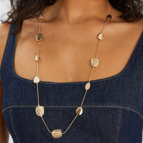 Long Textured Pendant Station Necklace Pearl