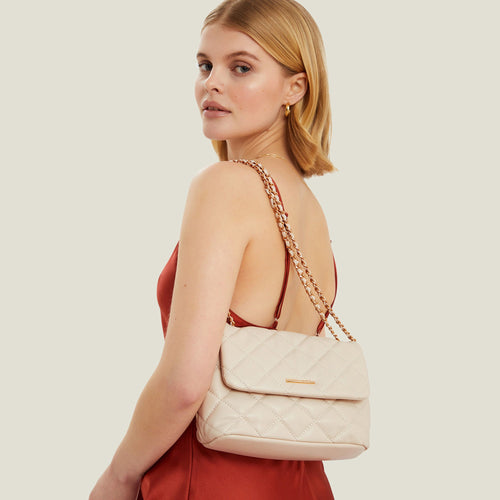 Cream Quilted Faux Leather Cross Body Bag