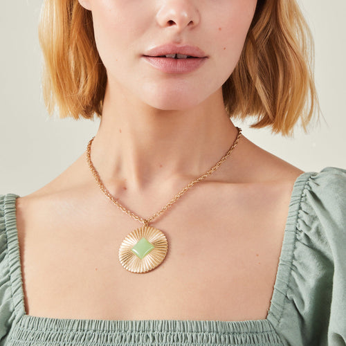 Gold Gem Stone Disc Necklace