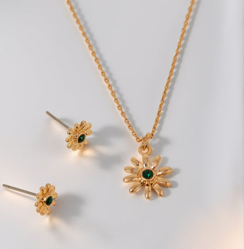 Gold Daisy Stud Earrings and Necklace Set