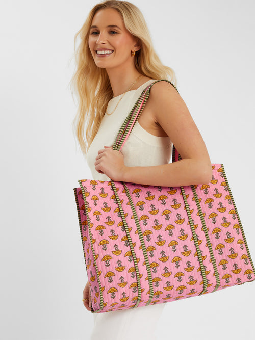 Floral Block Print Quilted Tote Bag