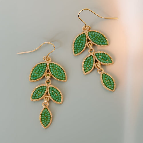Beaded Leaf Drop Earrings Green