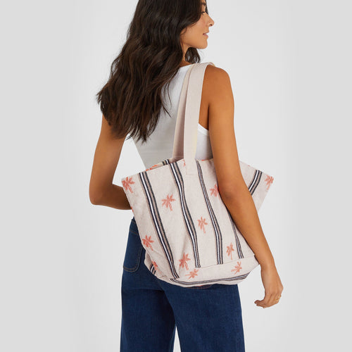 Cream Palm Stripe Tote Bag