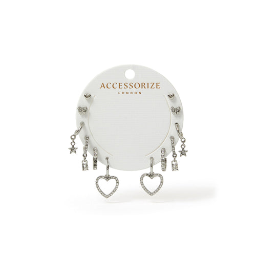 Pavé Heart Stud and Hoop Earrings Silver Set of 6
