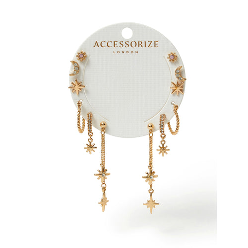 Celestial Chain Stud and Hoop Earrings Gold Set of 6