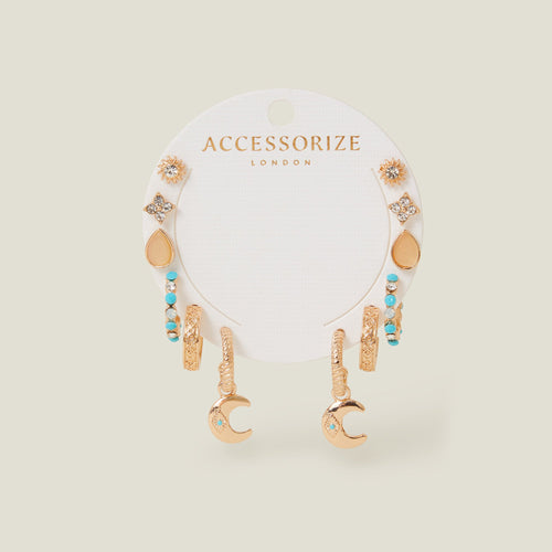 Celestial Stud and Hoop Earrings Gold Pack of 6