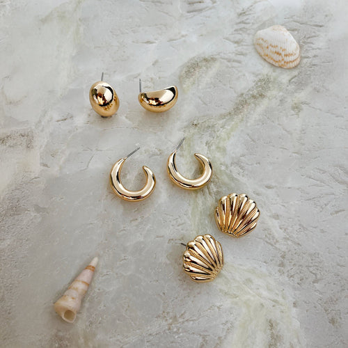 Mermaid Stud and Hoop Earrings Gold Set of 3