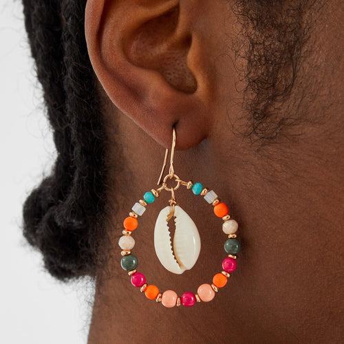 Multi Small Shell Drop Beaded Hoop Earrings