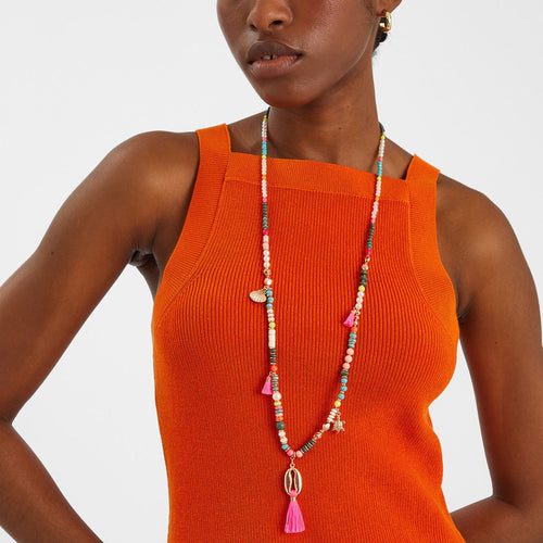 Long Beaded Tassel Rope Necklace Multi