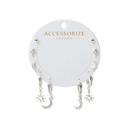 Celestial Diamante Stud and Hoop Earrings Silver Pack of 5