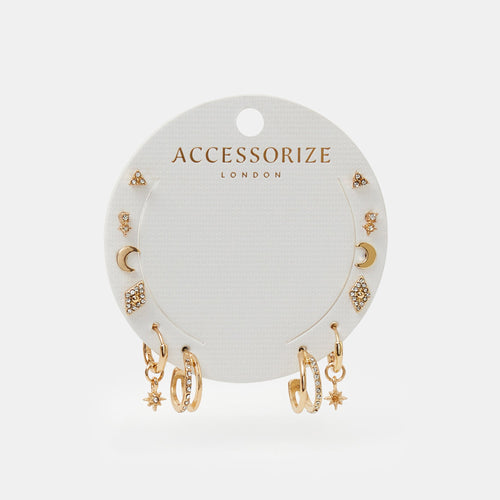 Starry Night Stud and Hoop Earrings Gold Pack of 6