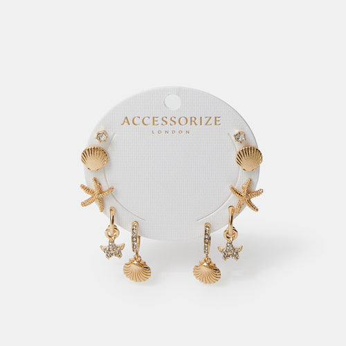 Beach Seashell and Hoop Earrings Gold Pack of 5
