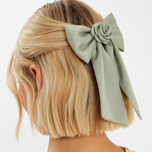 Green Corsage Bow Barrette Hair Clip Green