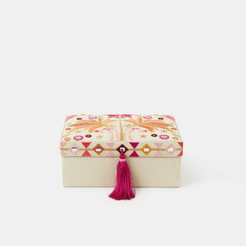 Cream Palm Embroidered Jewellery Box