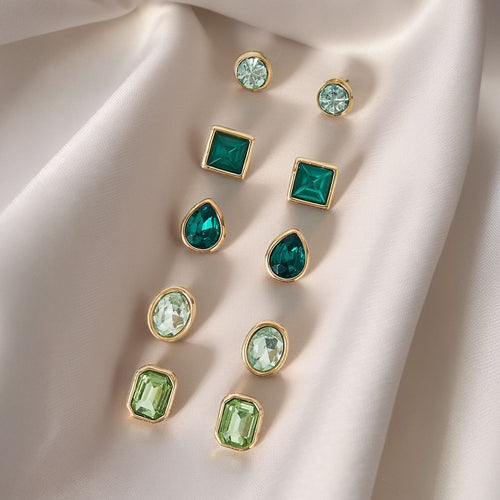 Green Multi Gem Stud Earrings Pack of 5