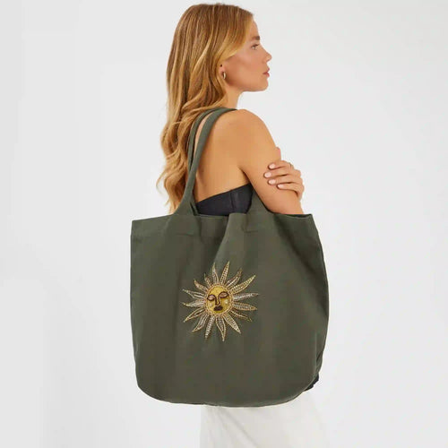 Green Sun Embellished Canvas Tote Bag