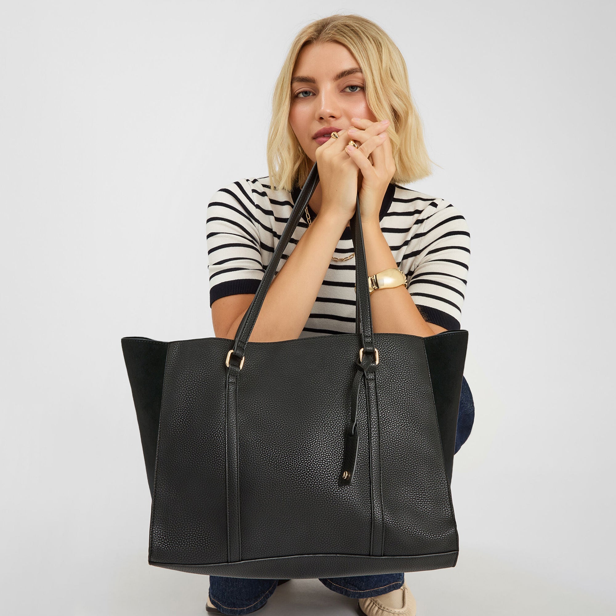Black Double Zip Faux Leather Tote Bag - Main Image