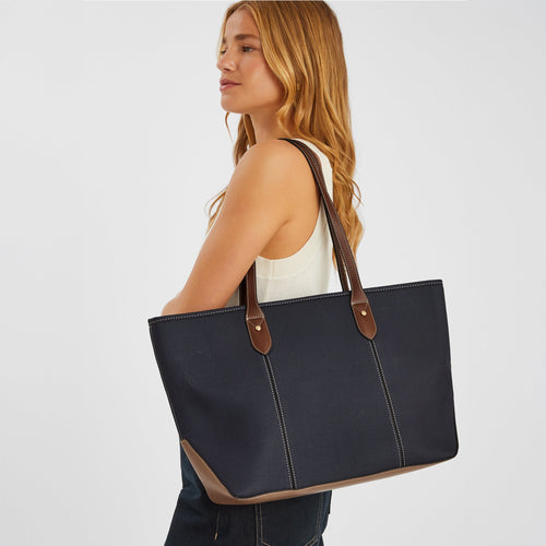 Navy Blue Colourblock Zip Top Tote Bag
